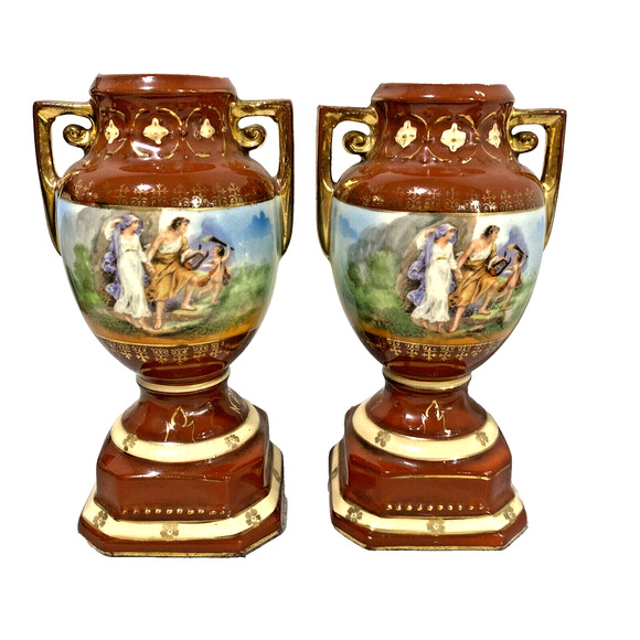 Vintage Ornate Petite Czechoslovakia Erphila Art Pottery Urns Shaped Vase PAIR - Picture 2 of 13
